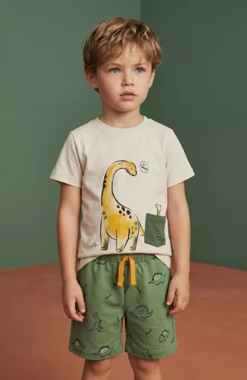 Cocux Erkek Çocuk Dinozor Baskılı Cepli Şortlu Takım - Bej ve Yeşil Yazlık Set
