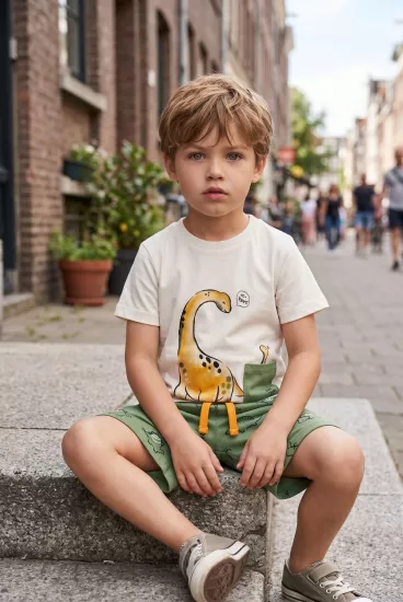Cocux Erkek Çocuk Dinozor Baskılı Cepli Şortlu Takım - Bej ve Yeşil Yazlık Set