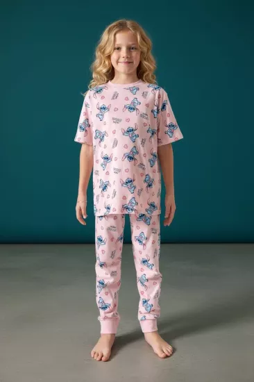 Kız Çocuk Pembe Stitch Karakter Desenli Pamuklu Pijama Takımı