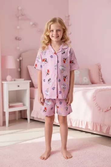 Powerpuff Girls Kız Çocuk Pembe Desenli Yakalı Düğmeli Pijama Şort Takımı