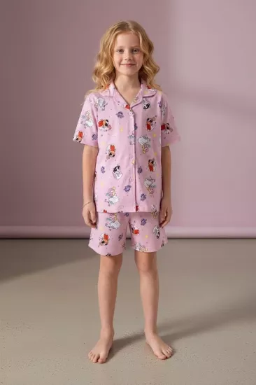 Powerpuff Girls Kız Çocuk Pembe Desenli Yakalı Düğmeli Pijama Şort Takımı