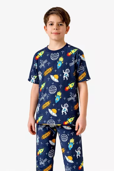 Mogimo Erkek Çocuk Lacivert Uzay Gemisi ve Astronot Desenli Pamuklu Pijama Takımı