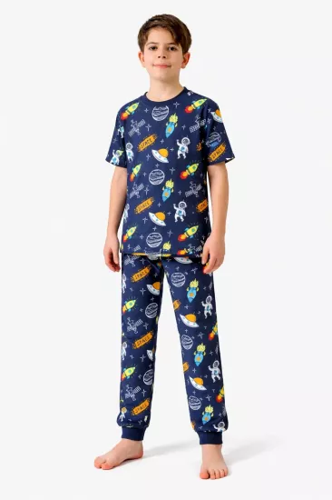 Mogimo Erkek Çocuk Lacivert Uzay Gemisi ve Astronot Desenli Pamuklu Pijama Takımı