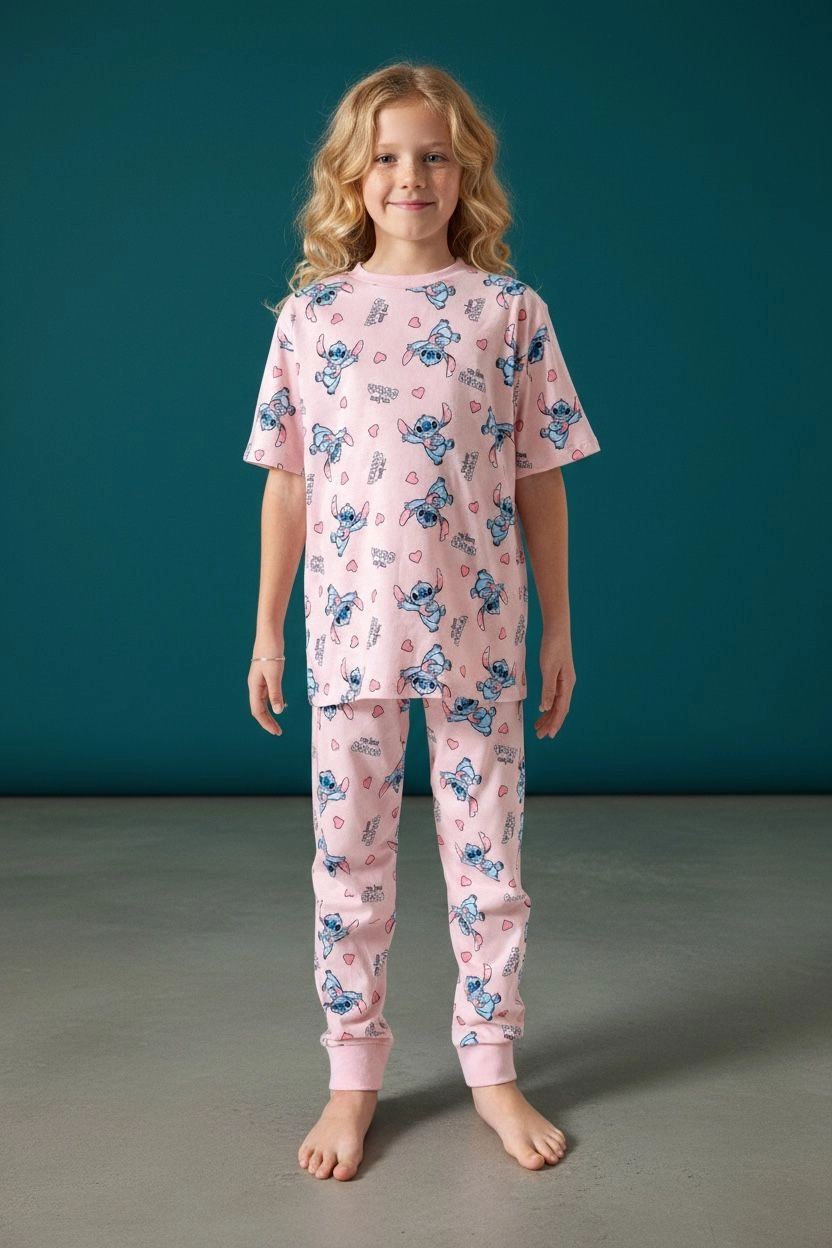 Kız Çocuk Pembe Stitch Karakter Desenli Pamuklu Pijama Takımı