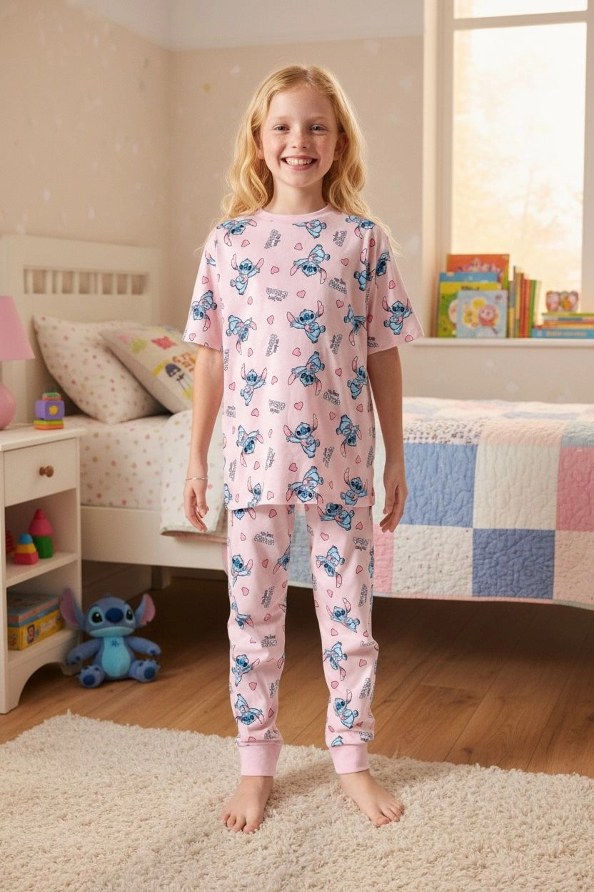 Kız Çocuk Pembe Stitch Karakter Desenli Pamuklu Pijama Takımı
