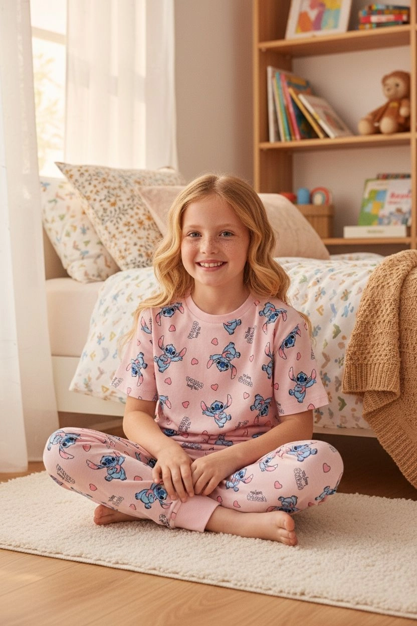 Kız Çocuk Pembe Stitch Karakter Desenli Pamuklu Pijama Takımı