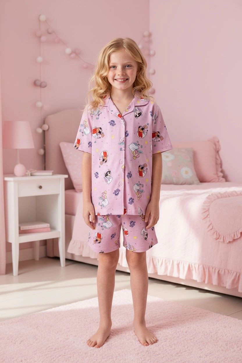 Powerpuff Girls Kız Çocuk Pembe Desenli Yakalı Düğmeli Pijama Şort Takımı