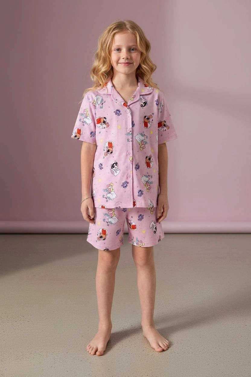Powerpuff Girls Kız Çocuk Pembe Desenli Yakalı Düğmeli Pijama Şort Takımı