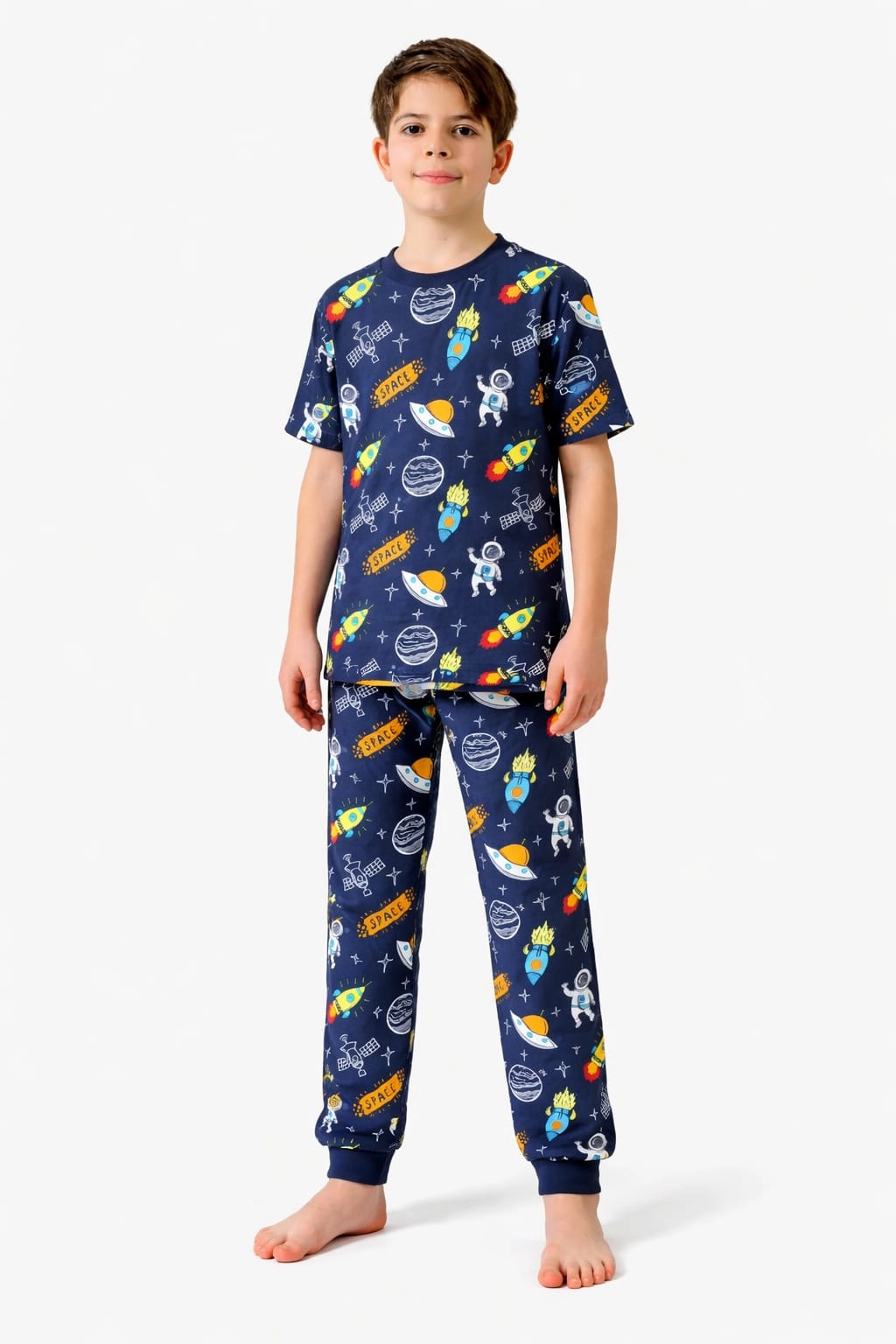 Mogimo Erkek Çocuk Lacivert Uzay Gemisi ve Astronot Desenli Pamuklu Pijama Takımı